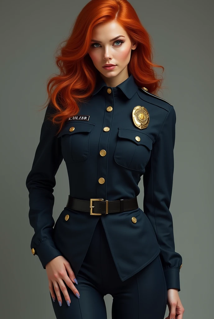 A red-haired female influencer with green eyes, an innocent look and full lips. freckles on her cheeks. medium breasts. Very sexy butt. A mole on the right breast. rounded buttocks. wears glasses. Sexy. attractive. Full body wide shot from head to toe. in 8k. very detailed, She poses behind a police desk. Both hands resting on it. In a sexy policewoman's outfit and black glasses.
