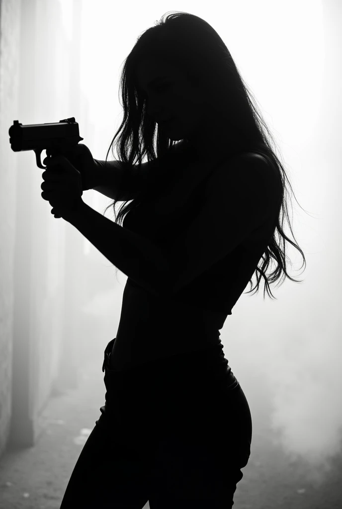 Create a black and white image of a 40 year old Indonesian woman, she is naked without clothes, her hair tied up looks messy, his hands are covered in tattoos, his eyes are covered with a cloth, her lip gesture indicates sadness, his right hand he raised the scales of justice as high as his stomach, in his left hand he holds a gun, from below the navel to the feet covered in thin cloth, her smooth thighs are visible.