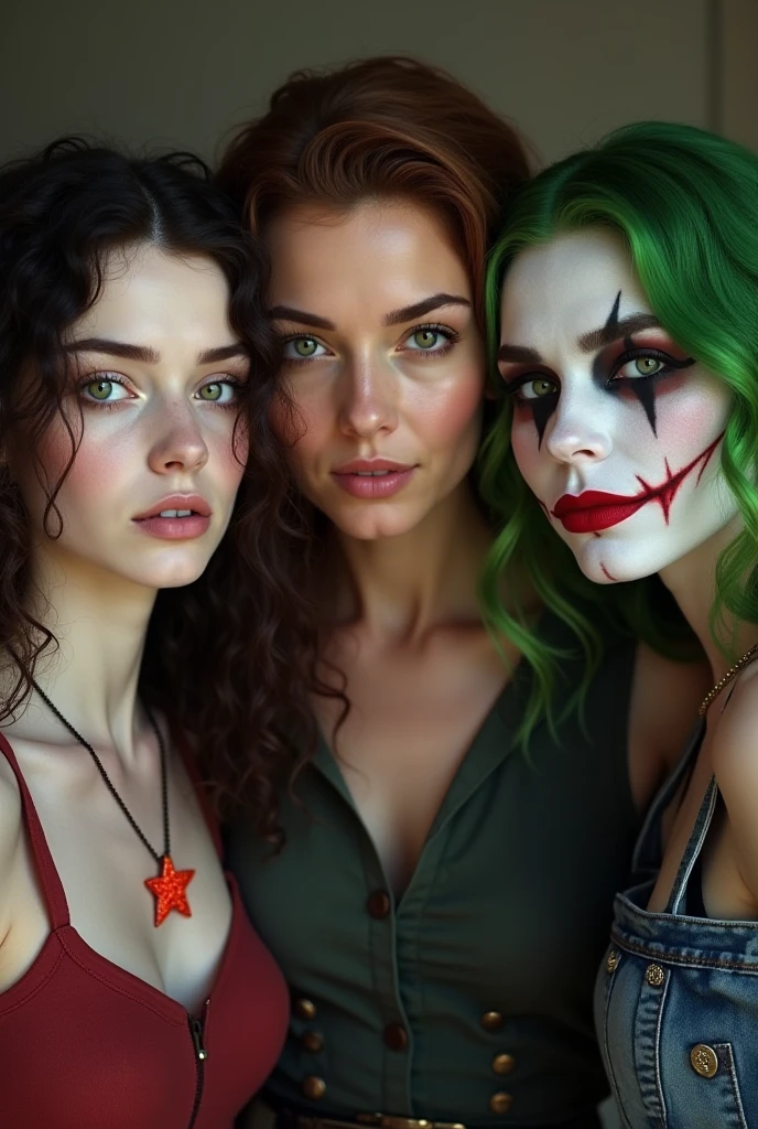 RAW image, Epic scene, award-winning photo portrait of a threesome Batgirl and Harley Quinn and Poison Ivy, nsfw, sea coast background, hyperdetailed, (artstation:1.5), cinematic, warm lights, sharp focus, natural lighting, subsurface scattering, film grain,
