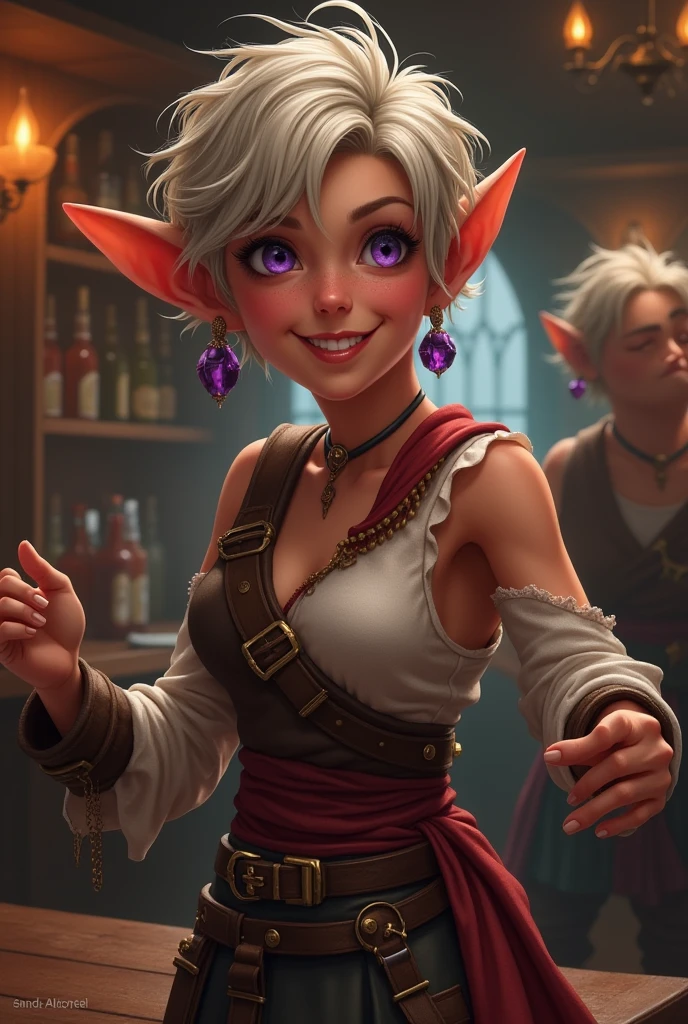 (masterpiece), best quality, expressive eyes, perfect face, ((best quality)), ((masterpiece)), (detailed), 4k, physically fit gnome girl, she is attractive, short blond bobbed hair, highly detailed glowing purple eyes, elf ears, she is wearing a purple robe that is blowing open showing her dark blue shorts and white shirt.