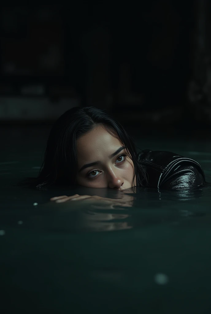 A Latina teenager laying down in water wearing black leather pants after getting rapped