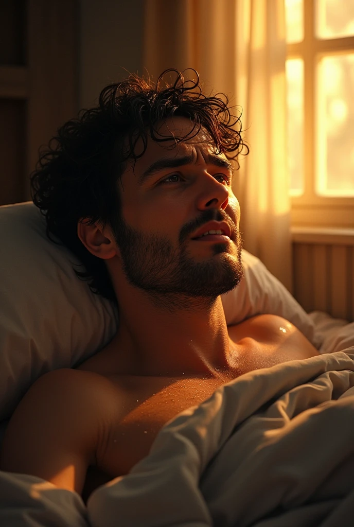26 year old Indian man, lying in the bed, medium hair, medium beard, loose pajamas, brown hair and eyessmiling, low light coming from window