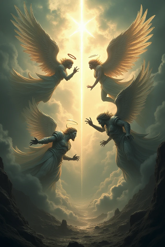 Baphomet infiltrated Christian paradise, in the sky. He observes angels walking from afar.
