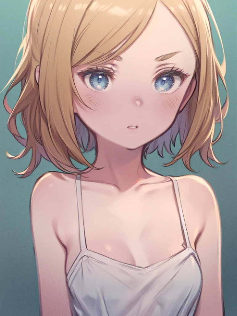 masterpiece, absurdres, best quality, ultra detailed, high Resolution, detailed illustration, bright colour, (extremely beautiful detailed face and eyes, Delicate beautiful face, 1 girl, cute face:1.3), (magenta eyes:1.1), sparkling eyes, big eyes, medium breasts, (perky breasts:1.1), (pointy breasts:1.1), medium hips, glamorous body, white skin, BREAK, long bob cut, (blonde hair:0.8), messy hair, detailed hair, shiny hair, BREAK (Sage, down blouse:1.3), perfect lighting, (embarrassed:1.3), (ecstasy, vulgarity:1.5), (trembling:0.8), full body,