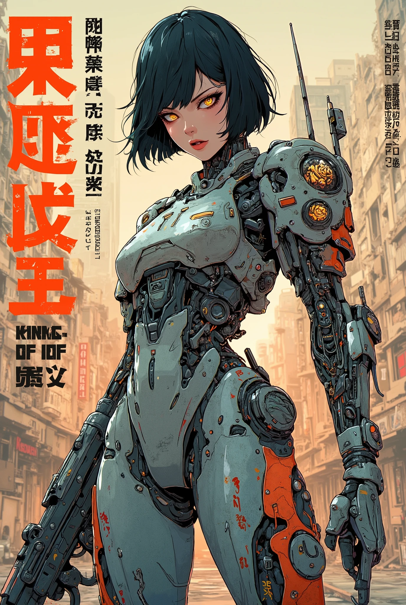 ((anime art style (((magazine cover))) illustration) of (perfect Asian cyborg girl wearing a extremely intricate cybernetic plug suit and holding a rifle))、((Japanese text)),(Machine Body), ((LED lights)), (((dynamic pose))), warm colours, perfect features, abstract beauty, near perfection, Pure Form, concept art, intricate detail, 8k post-production, High resolution, super Detail, trending on ArtStation, sharp focus, black very short hair, Cinema Art Style,Cinematic Lighting, standing in ruined city、A strong wind is blowing、cyber punk、nsfw:1.2、((Exposed internal machinery))、((Machine arms and legs))、Beautiful fashion model、Cute Japanese Girl、 double eyelid、(round face)、 mouth slightly open、Cute idol high school girl face、Beautiful face in mid-s、Energetic Young Gravure Idol, Beautiful Japanese girl face, Cute seductive smile, Japanese Model, Beautiful Asian Girl, Girl cute beautiful face.