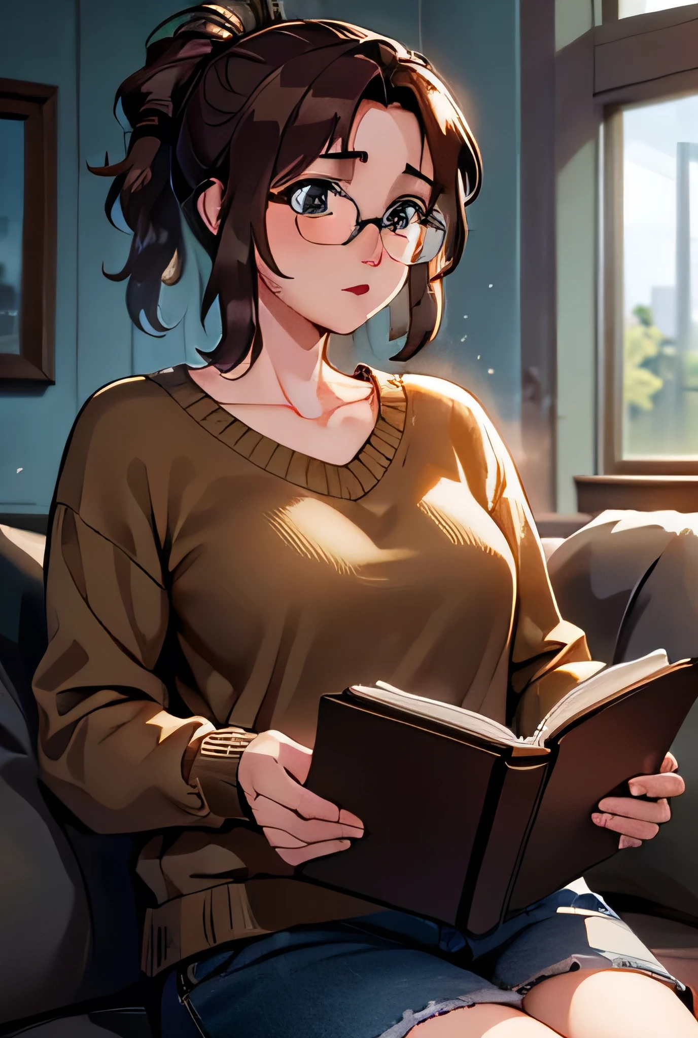 a nerdy girl,1girl,mature, older, about 35 years old,resembles Cass Hamada,glasses,braces,messy brown hair,high ponytail,cute freckles,oversized sweater,skinny jeans,converse sneakers,holding a book,reading a book,geeky,cute nerd,very nerdy,extremely nerdy,extremely detailed,ultra-detailed,best quality,8k,highres,masterpiece:1.2,realistic,photorealistic,photo-realistic:1.37