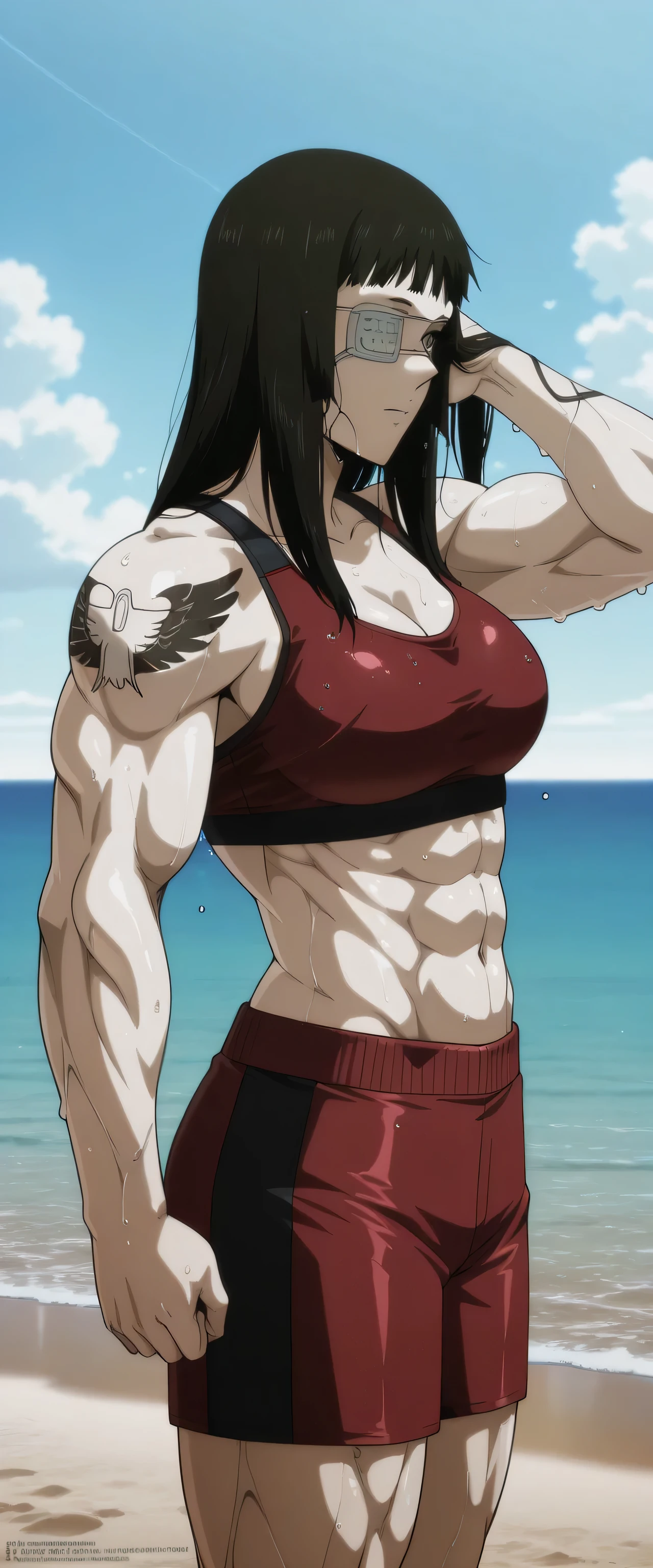 muscular girl, platinum hair, Eyes red, brunette skin, black handle, wearing bikini 👙.