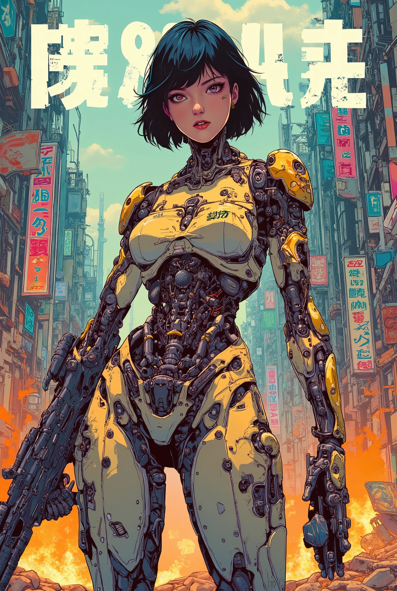 ((anime art style (((magazine cover))) illustration) of (perfect Asian cyborg girl wearing a extremely intricate cybernetic plug suit and holding a rifle))、((Japanese text)),(Machine Body), ((LED lights)), (((dynamic pose))), warm colours, perfect features, abstract beauty, near perfection, Pure Form, concept art, intricate detail, 8k post-production, High resolution, super Detail, trending on ArtStation, sharp focus, black very short hair, Cinema Art Style,Cinematic Lighting, standing in ruined city、A strong wind is blowing、cyber punk、nsfw:1.2、((Exposed internal machinery))、((Machine arms and legs))、Beautiful fashion model、Cute Japanese Girl、 double eyelid、(round face)、 mouth slightly open、Cute idol high school girl face、Beautiful face in mid-s、Energetic Young Gravure Idol, Beautiful Japanese girl face, Cute seductive smile, Japanese Model, Beautiful Asian Girl, Girl cute beautiful face.