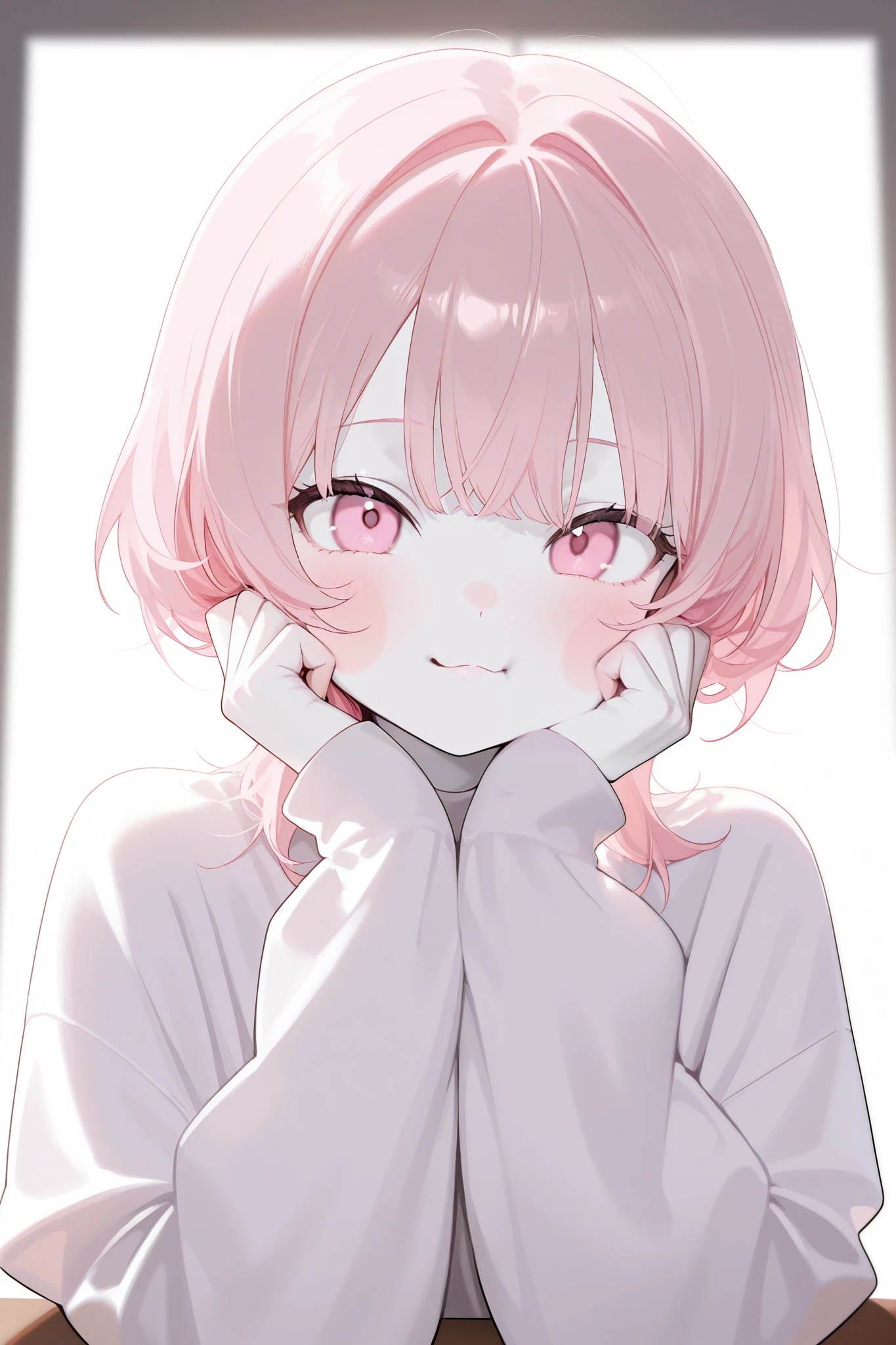 A beautiful boy with a very cute and attractive appearance, he has short light pink hair with bangs, soft light pink eyes, white skin and rosy cheeks.