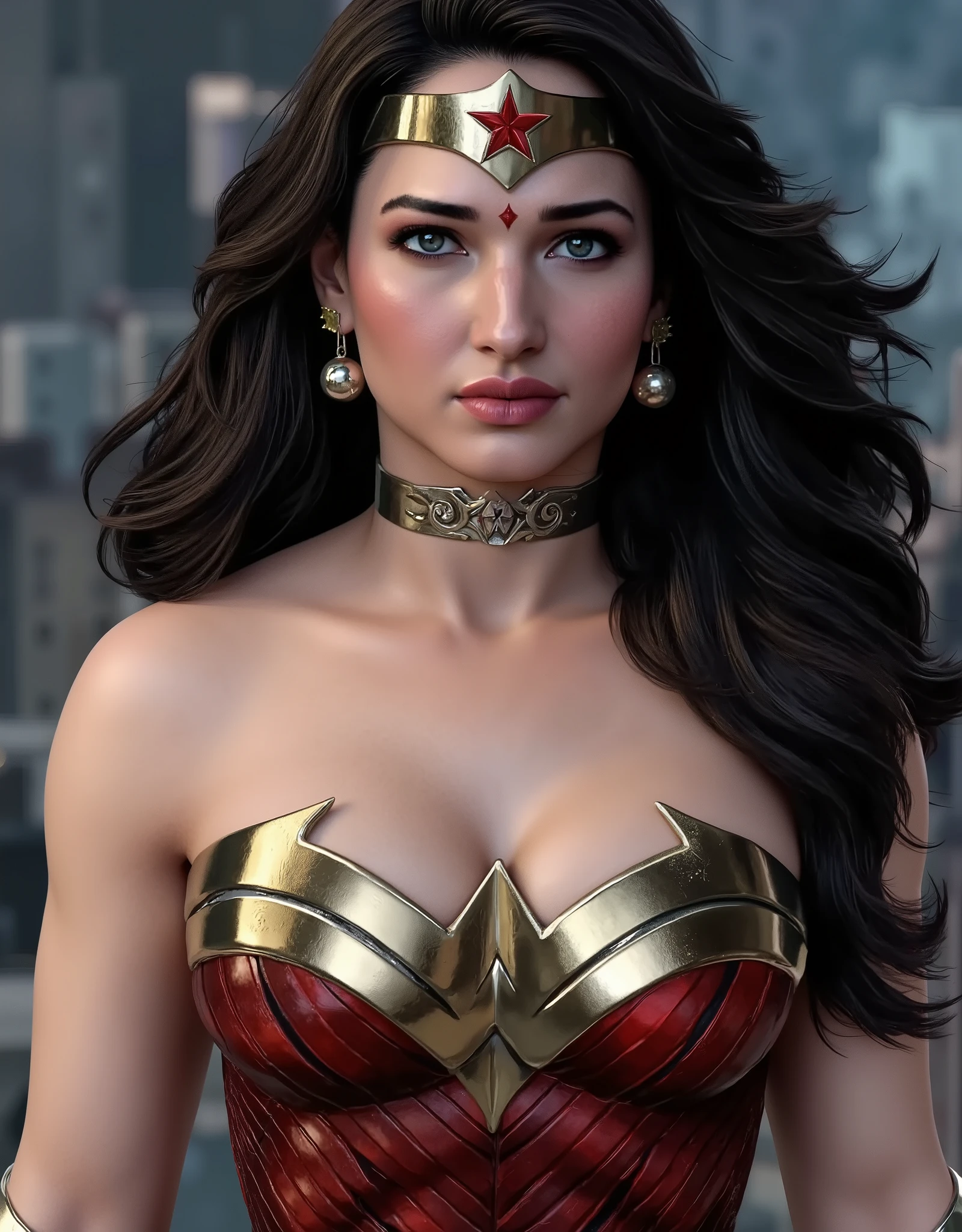 wonder woman, (pretty face:1.2), (finely detailed face and beautiful eyes), mature female, muscle, bare hands, (armlet, armored dress, bracer, head ring ), (black eyes, black long hair, messy hair, floating hair), (long proportional legs), (best quality:1.1),(clear background:1.2), dark_fantasy, wind, 35mm lens, f/1.4, 8K, ((masterpiece)), trending on Artstation, DeviantArt, Mucha, Rutkowski, artgerm