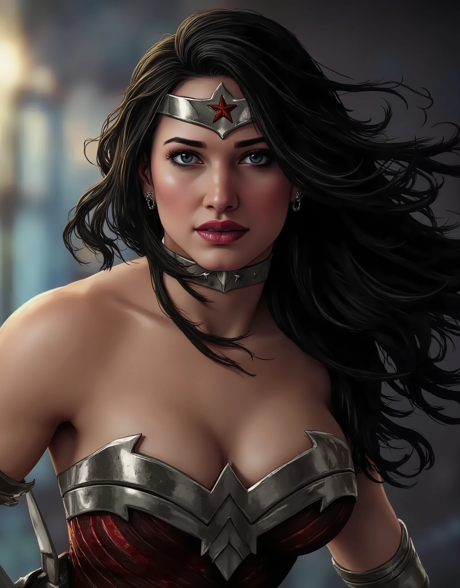 wonder woman, (pretty face:1.2), (finely detailed face and beautiful eyes), mature female, muscle, bare hands, (armlet, armored dress, bracer, head ring ), (black eyes, black long hair, messy hair, floating hair), (long proportional legs), (best quality:1.1),(clear background:1.2), dark_fantasy, wind, 35mm lens, f/1.4, 8K, ((masterpiece)), trending on Artstation, DeviantArt, Mucha, Rutkowski, artgerm