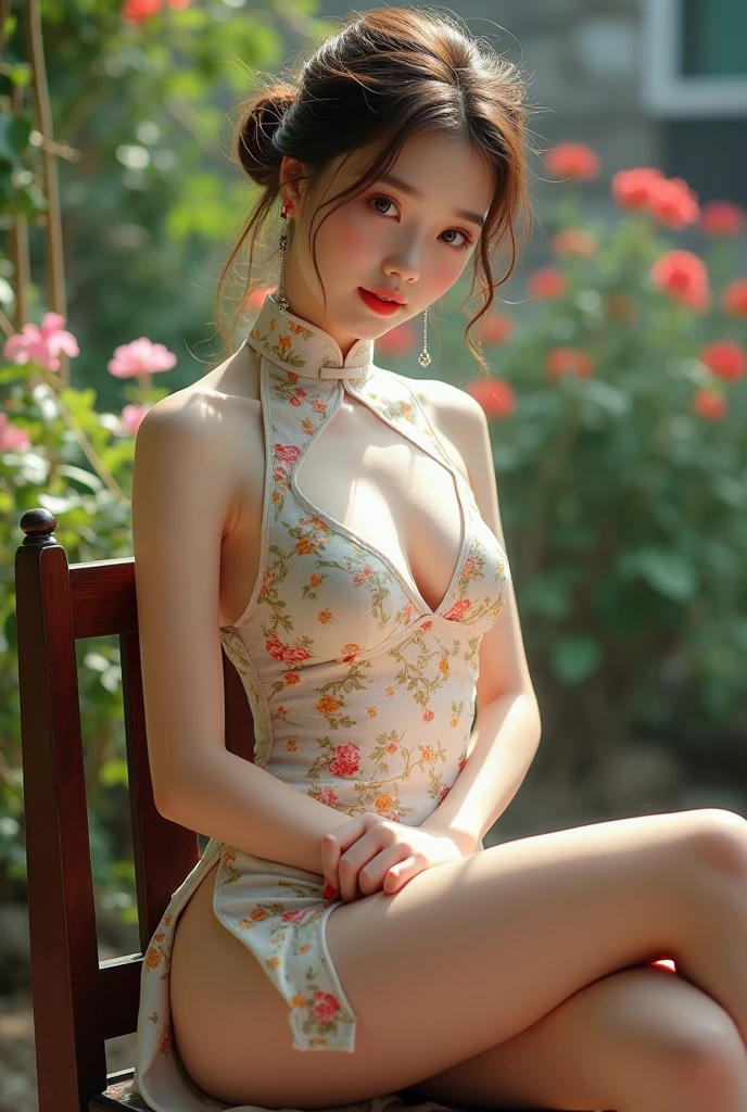 8K raw image，best quality，Ultra-high resolution，Squat in the yard，Facing the camera，Looking at the audience，Long hair，Brown long curly hair，Natural skin texture，Realistic eyes and facial details，Pretty Face，Huge breasts，，dripping milk，Thin waist，Bare legs，Put your hands on your head，garden，Printed hollow cheongsam，White high heels，Woman squatting in the corner，timid，Give it personality并愿意服从，maternal love，Super gentle，Obey everything，Super gentle听话，Infinite care，Give it personality，Absolute obedience，Absolute obedience，Willing to give everything，Full body view
