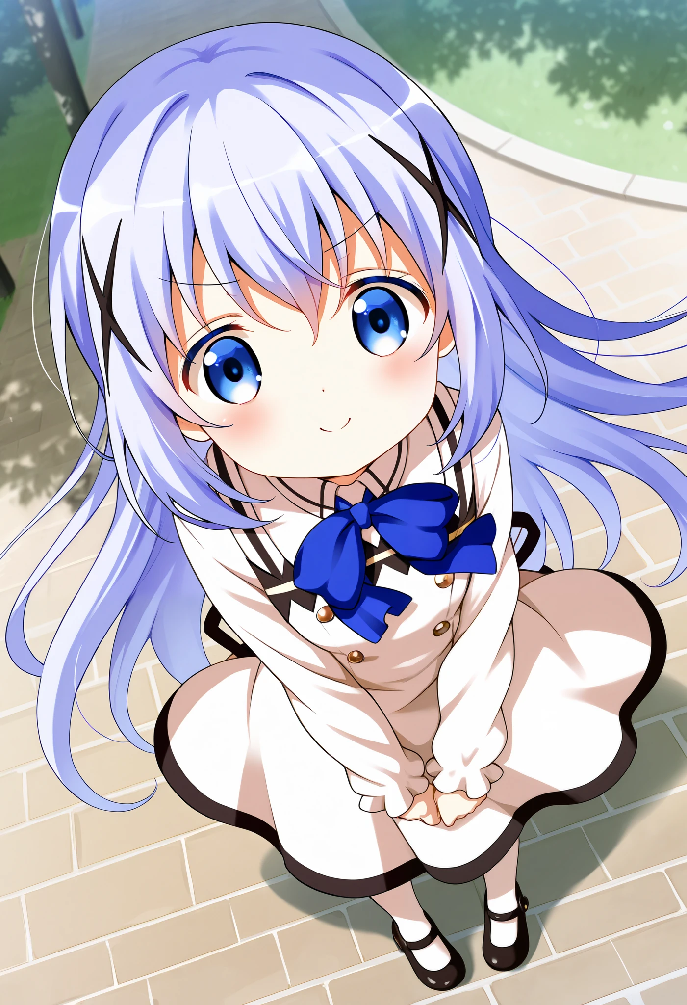 ,from above, 1girl, solo,Voyeur, from the viewer's perspective, looking at you,Very cute, light blue hair,small breasts,, one woman ,kafuu chino, Original style, Very high quality, soft to the touch, beautiful,super detailed skin, high resolution, novel illustration, shiny skin,in gochuumon wa usagi desu ka? Style, from above,Smile, dynamic pose, v-shaped eyebrows, White dress, outdoors