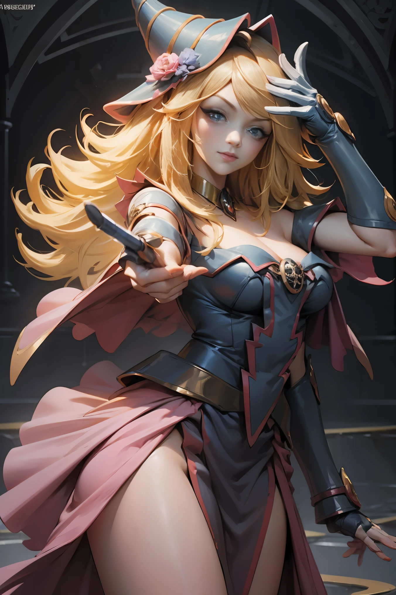(8k,Fotorrealista Raw photography highest qualityr;1.4) (1chica en) super beauty (Cara realista) Cuerpo femenino (Rubia de rizos largos) Hold a black and red magic wand Escena de combate Magic hat with black and gold exterior Beautiful expression Deslumbramiento (Piel de aspecto real) (dark magician gils) tentador 超A high resolution Un hiperrealista Alto detalle Foto de cuerpo completo restos