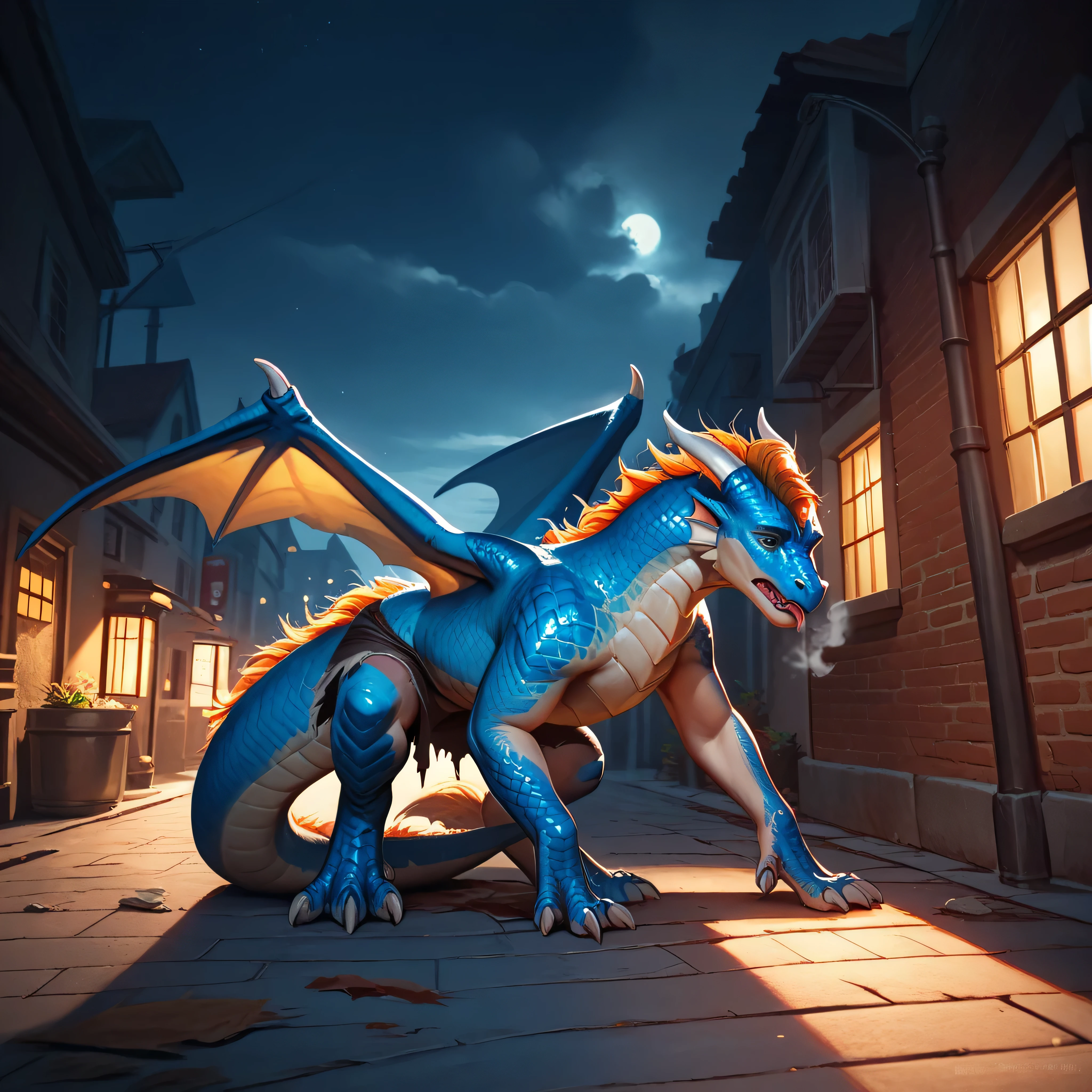 Dragon mid transformation, human, female, detailed gradient scales, wings, blue eyes, looks at floor, broken for, heavy breathing, [gradually orange scales, blue scales], in pain, confused, torn casual clothes, in corner, street, night, darkness, realistic, super realistic, photo, 4k, 8k, ultra detailed, masterpiece,
