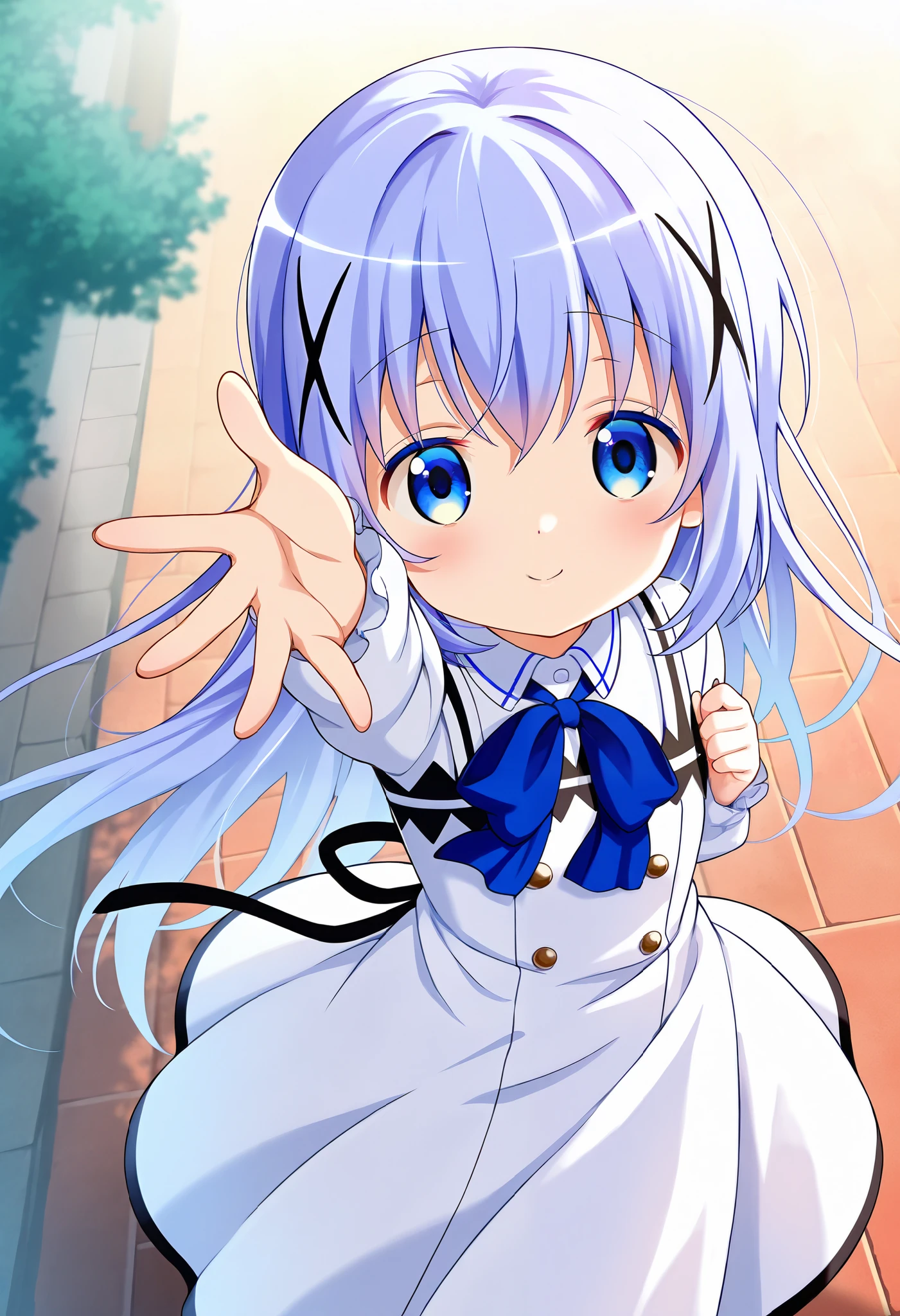 ,from above, 1girl, solo,Voyeur, from the viewer's perspective, looking at you,Very cute, light blue hair,small breasts,, one woman ,kafuu chino, Original style, Very high quality, soft to the touch, beautiful,super detailed skin, high resolution, novel illustration, shiny skin,in gochuumon wa usagi desu ka? Style, from above,Smile, dynamic pose, happy ,White dress, outdoors