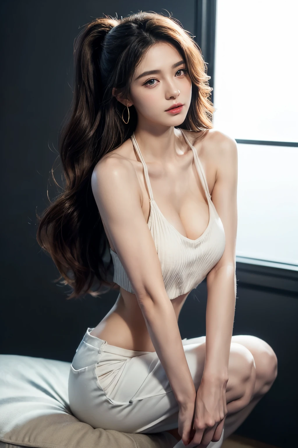 1girl, 175cm,korean model,23 years old,soft body, jet black hair, wavy hair,whole body, hair reaches waist, whole body,((head to leg)),close-up, 8k, RAW photo, best quality, masterpiece,realistic, photo-realistic,seductive,cute , erotic post , exposed santa claus costume, tiara, highly detailed, ponytail contorted, charming expression, beautiful and clear eyes, delicate necklace, delicate earring ,lurred background, extreme detail description, beautiful, charming, ultra-fine painting, delicate face, delicate figure, lovely lips, soft behind
