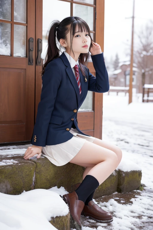 Masterpiece、top-quality、girl1、ultra-detailliert A dark-haired、Blunt bangs Schoolgirl Uniform、scarf、a short skirt、Leather shoes are erect、pissing Snow Town
