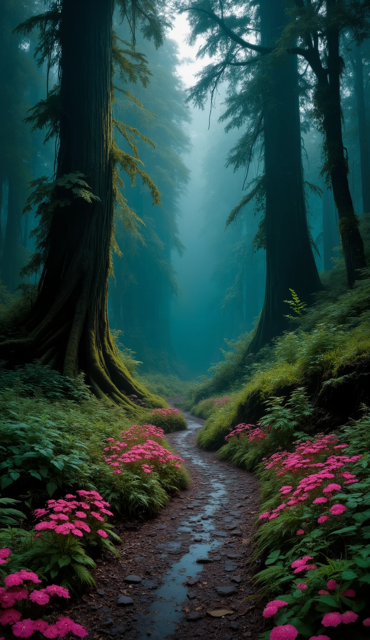 an enchanted night fantasy forest ultra-realistic cinematic fantasy art with pink flowers that glow in the dark giant green trees in the middle a path, ultra-detailed ultra-realistic