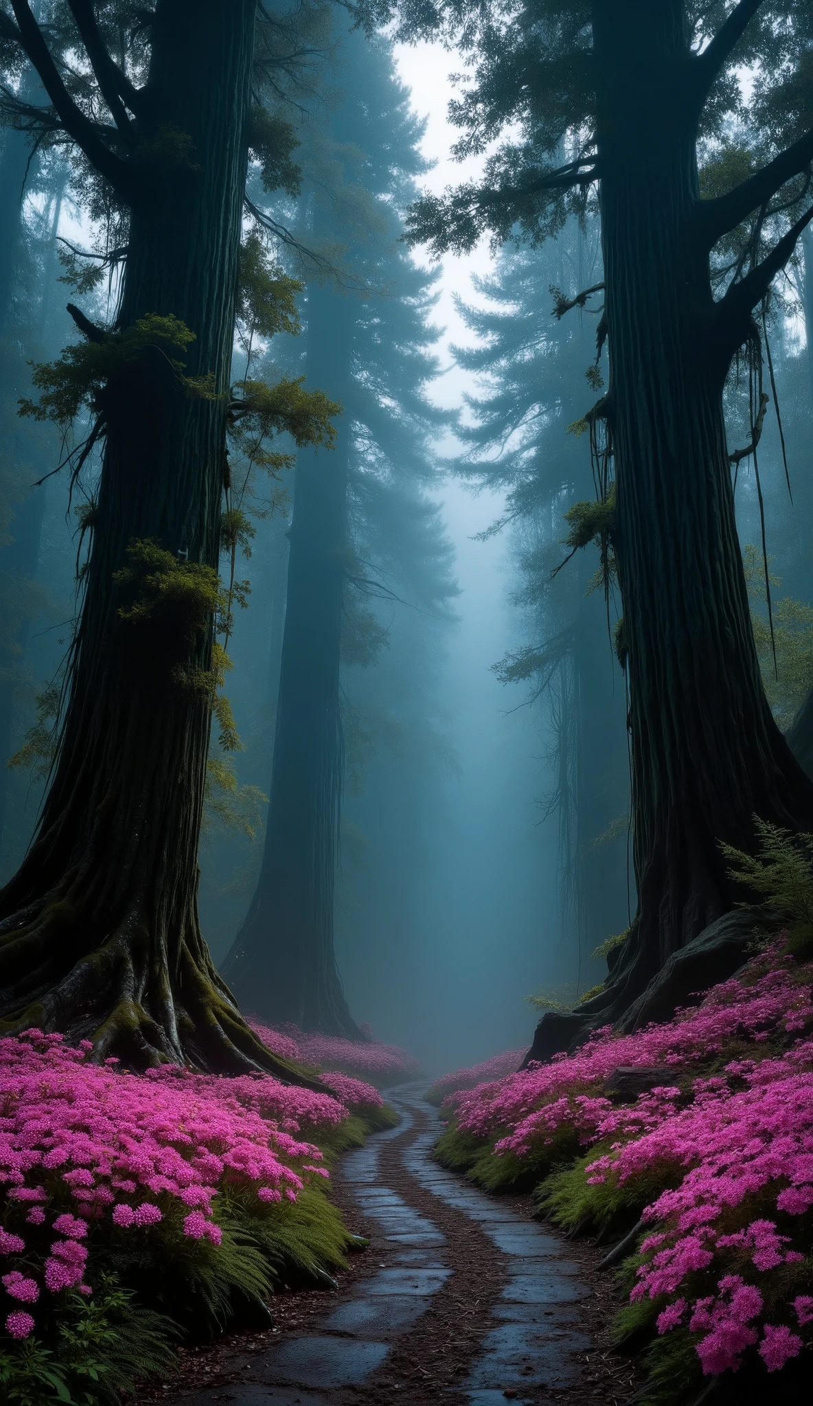 an enchanted night fantasy forest ultra-realistic cinematic fantasy art with pink flowers that glow in the dark giant green trees in the middle a path, ultra-detailed ultra-realistic