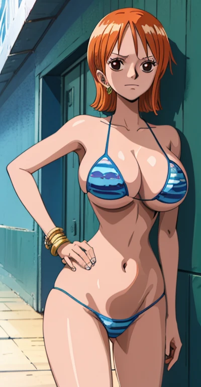 (masterpiece, 4K, Highest quality, anime style: 1.9, Detailed face, Lovely, Ocean,bold, High resolution, anime, Lake 4. alone, Curvaceous, Very slim belly, Cowboy Shot, 1 Girl,,(Leopard print micro bikini),,smile,View your viewers,Big Breasts,Naked in a swimsuit,ONE PIECE,US,(Back view,Show your ass,Thong),short hair