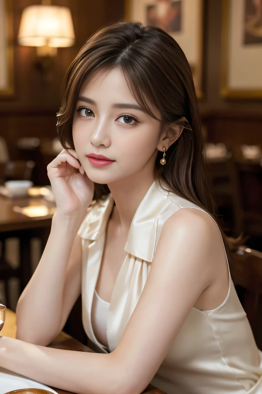 masterpiece, Highest quality, Realistic, Very detailed, Finer details, High resolution, 8k wallpaper, One beautiful woman, Wear an elegant white silk shirt, In a great restaurant, At night, Light brown messy hair, Perfect dynamic composition, Beautiful and beautiful eyes、Big earrings、Sit on a chair、Sleeveless shirt、
