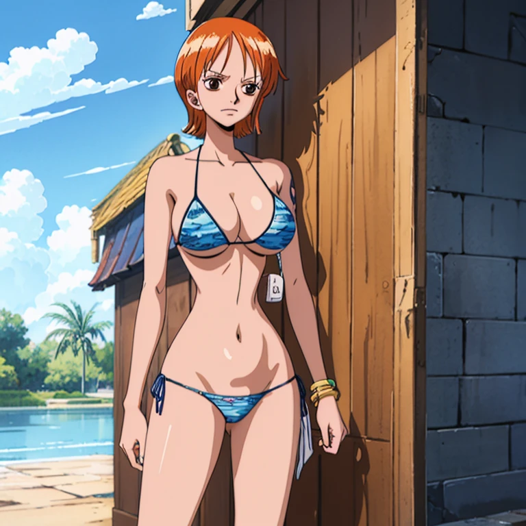 1 girl, wearing red bikini, standing sexily, looking at viewer, lower angle