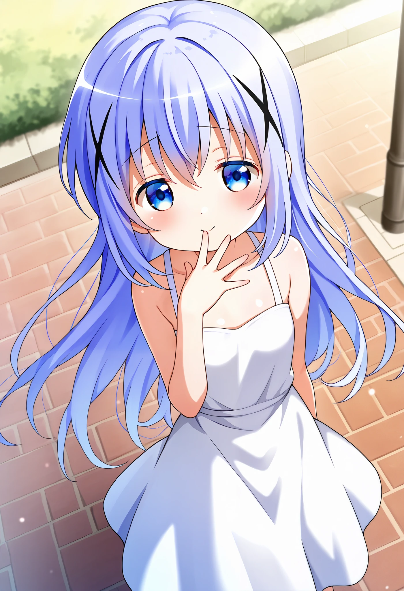 ,from above, 1girl, solo,Voyeur, from the viewer's perspective, looking at you,Very cute, light blue hair,small breasts,, one woman ,kafuu chino, Original style, Very high quality, soft to the touch, beautiful,super detailed skin, high resolution, novel illustration, shiny skin,in gochuumon wa usagi desu ka? Style, from above,dynamic pose, giggling ,White dress, outdoors