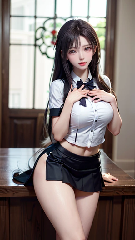 ((masterpiece, best quality, high resolution)), Tifa Lockhart, ultra realistic, ultra detailed, ultra realistic skin texture, perfect body style, ((Beautiful girl, Wearing Japanese high school uniform:1.3)), (((Petting own inner thighs with both hands:1.3))), (night city street, Road surface after the rain:1.3, The city lights are reflected on the wet road surface:1.3), (Long Shiny black straight hair, fluttering hair, Asymmetrical bangs), Cool and beautiful facial features, shiny skin, Sharp Face, seductive Purple-black eyes, Slightly thick thighs, Slightly slimmer body, (erotic body), Well trained ass, Perfect Finger, extremely detailed eye and face, fascination lighting, flawless face, awesome solo, Highly details Full body, long legged, Perfect limbs, Curvaceous, Cowboy Shot, high definition RAW photograph, Captivating body, incredibly beautiful, HDR, Highly detailed CG, Wallpaper Digital Desire, blur background, super cute, 1 girl