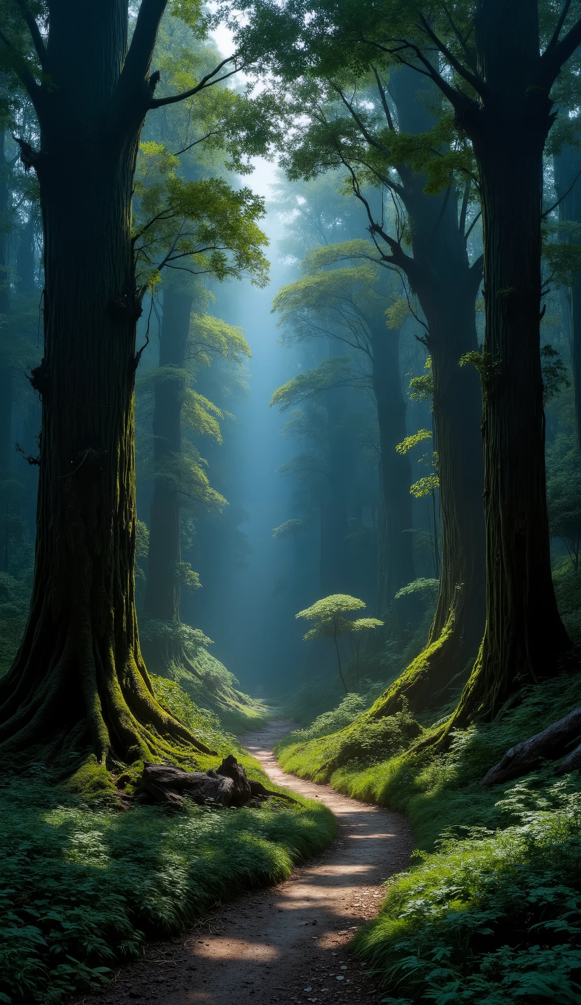 an enchanted night fantasy forest ultra-realistic fantasy art cinematic giant green trees in the middle a path, ultra-detailed ultra-realistic