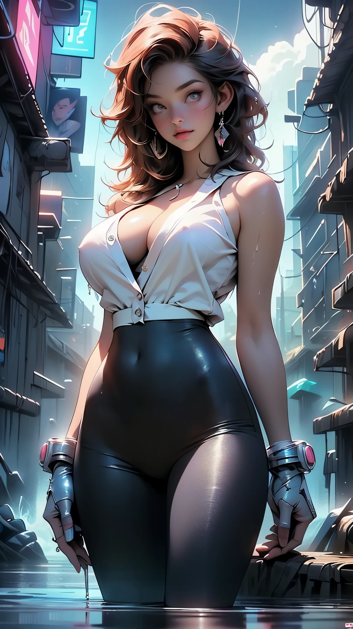 (Masterpiece, Best Quality), 8k Wallpaper, highly detailed, poster, vintage sci-fi film, 1960s, a magazine cover with sexy giant nurse towering over a tiny city, a portrait by Paul Kane, cinematic movie poster, perfect face, colorful Hombre hair, Attack of the 50 foot woman, giant woman, tiny city, lines, abstract, mid century modern, movie poster, vintage, white nurse uniform, stiletto high heel shoes, tiny destroyed skyscrapers city, retrofuturism, pulp sci fi, pulp sci-fi, 60's pulp illustration, scifi pulp, pulp book cover art, pulp scifi, old retro pulp comic cover, pulp science fiction, pulp scifi illustration, vintage scifi, skyscrapers sized under her knee