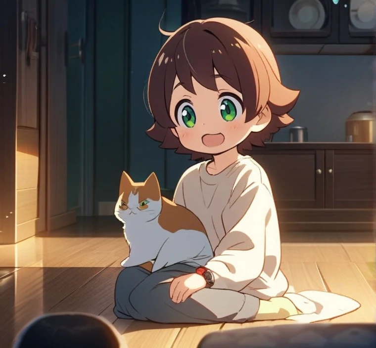 best quality, masterpiece, highres, solo, {kamiigusa_misaki_sakurasounopetnakanojo:1.15}, short_hair, brown_hair, brown_eyes, ahoge, smile, 1girl, animal, cat, shirt, white_cat, blush_stickers, holding