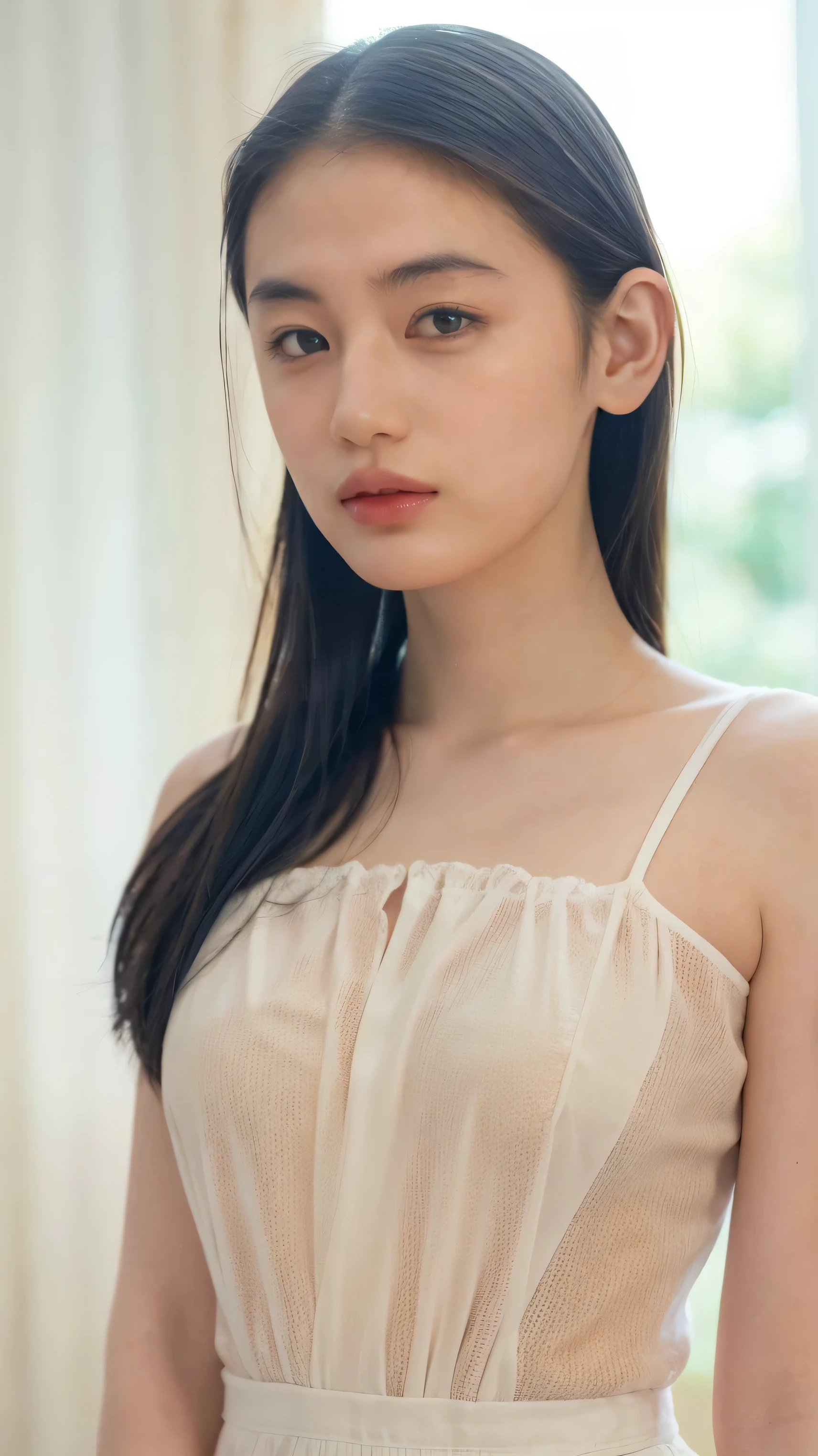 highest quality, High resolution, realistic pictures, detailed skin texture, Cute 10 year old Japan girls, shy, towards the camera, slim body shape, (flat chest:1.5), charming gaze, Fair skin, baby face, (white camisole)