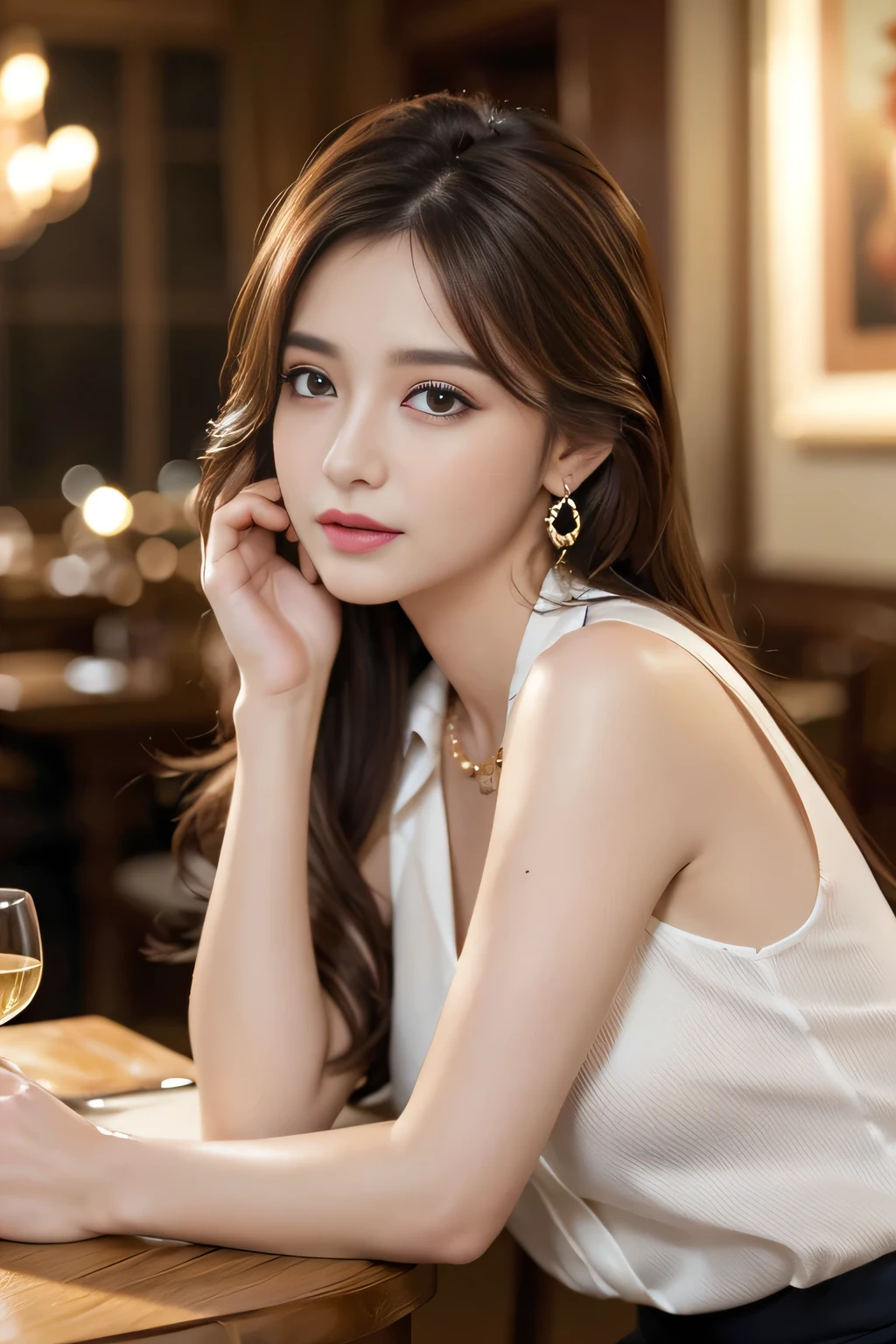 masterpiece, Highest quality, Realistic, Very detailed, Finer details, High resolution, 8k wallpaper, One beautiful woman, Wear an elegant silk shirt, In a great restaurant, At night, Light brown messy hair, Perfect dynamic composition, Beautiful and beautiful eyes、Big earrings、Sleeveless shirt、