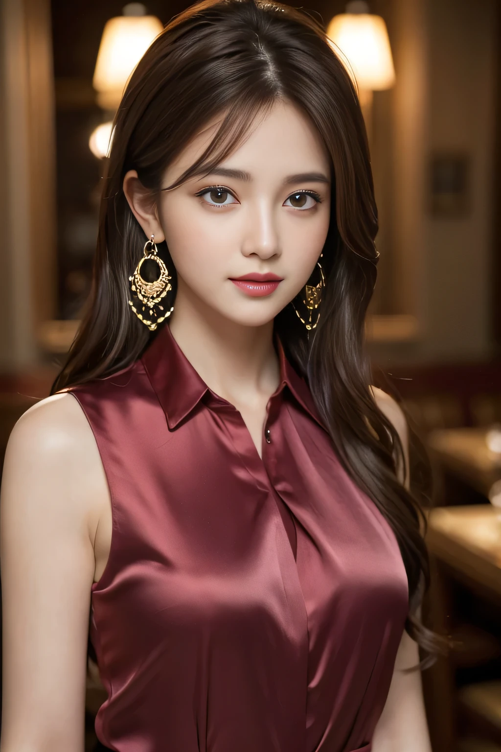 masterpiece, Highest quality, Realistic, Very detailed, Finer details, High resolution, 8k wallpaper, One beautiful woman, Wear an elegant see-through red blouse, In a great restaurant, At night, Light brown messy hair, Perfect dynamic composition, Beautiful and beautiful eyes、Big earrings、Sit on a chair、Cleavage、Face looks 35 years old、