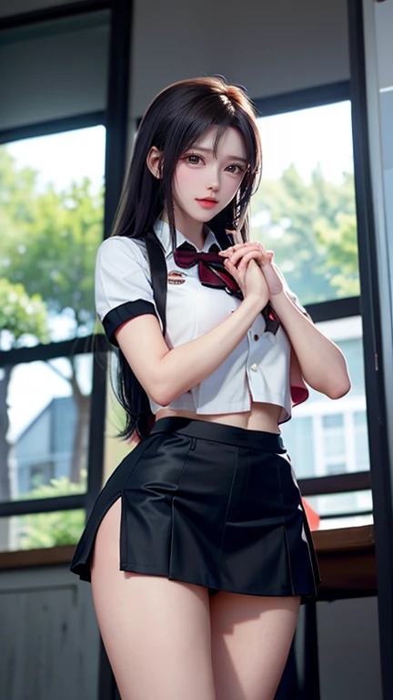 (masuter piece, Best Quality), Black hair, Glowing red eyes, Sharingan eyes, Petite, Schoolgirl, (School uniform)、(skirt by the)、 up skirt, Lace panties,,Stick your butt out、Showing off your butt、 from behind, Malvese, crass room, Smile, Fun, Volumetric lighting, Sunlight, 发光、(Realistic butt)