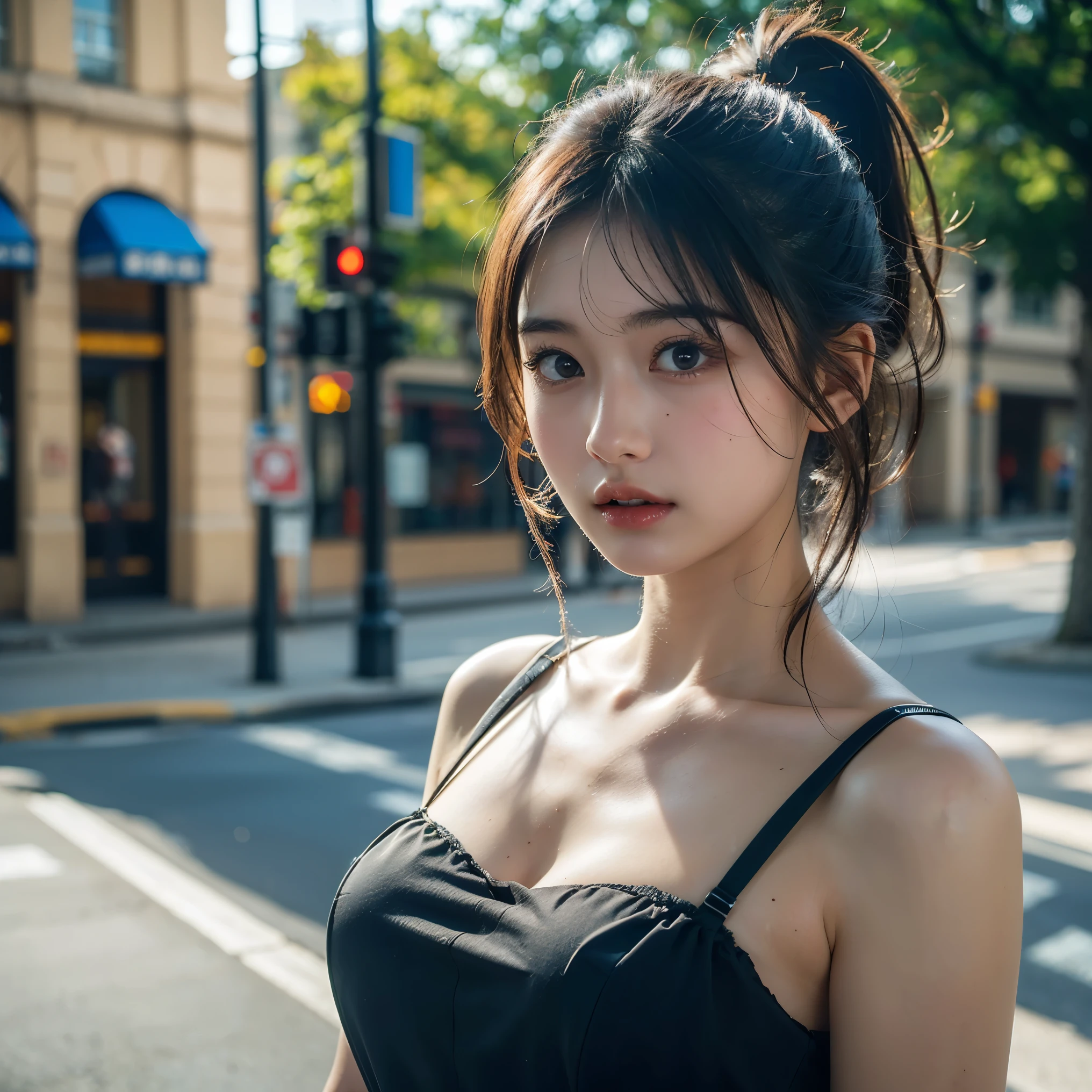 Attractive lonely woman in white collar shirt in the middle of the road、from waist up、Asian woman smiling at Alafe,、1 persons、Young Pretty Gravure Idol、Young skinny gravure idol, Realistic Young Gravure Idol, Young Sensual Gravure Idol, Photorealistic: 1.5、japanes, drooping eyes: 1.3, Perfect proportions, Portrait, ((Nikon Student) (Photo)) (8K, FujifilmXT3, masutepiece, ((Real Skin)) (No retouching, Lip gloss, False eyelashes, Real Skin, Highest Quality, Ultra-high resolution, depth of fields, chromatic abberation, Caustics) , Wide Lighting, Natural Shading))