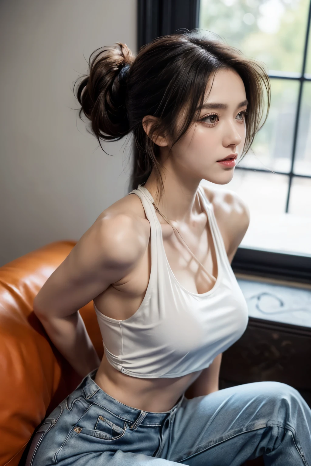asian lady wear pink yoga suits , deep neck line, necklace, small breast, rounded shape breast, ((she)), ((mid-shot, upper body, slender waist)), Hair Up Do、 Glowing eyes, nose blush, Carl Larsson, Alfonse Mucha, Chiaroscuro, Film Glenn, reflective light, (((mid-Shot))), waist to top,longshot show full body, masterpiece, high details, sun light on her, leaf shading, (()) ,