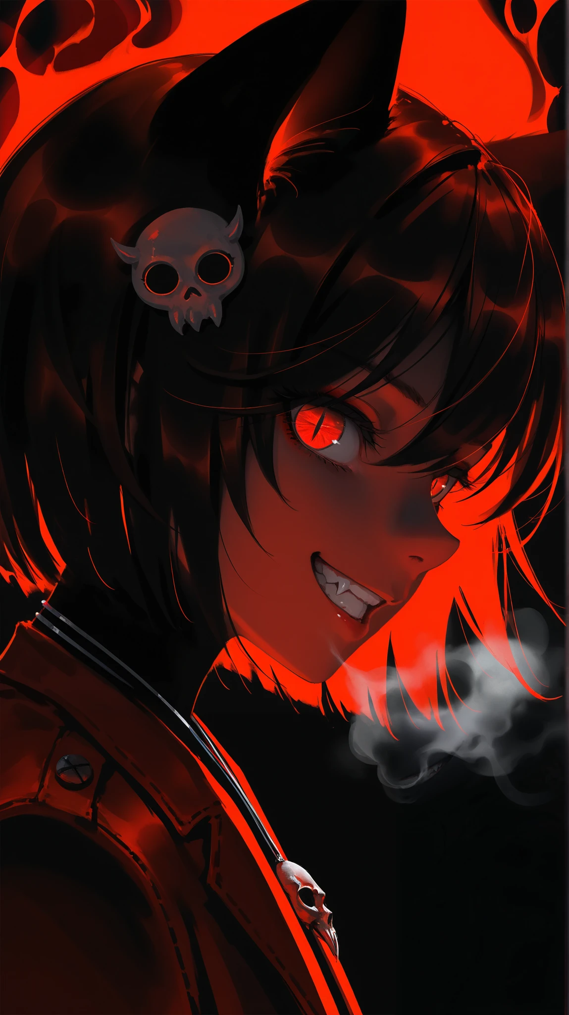 (score_9, score_8_up), score_7_up, zPDXL, 1girl, bald, hairless, asian, Short hair, straight bangs, black hair with red highlights, Screaming in rage, side view, fiery red hair, fiery red eyes, red fire details, techwear, red eyes, neon,, Attack pose, red fire effects, (cowboy shot), dark background sinozick style, flat color