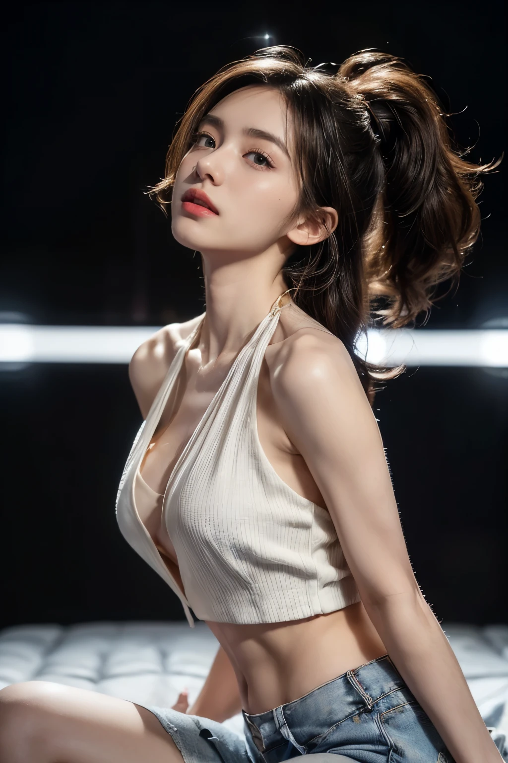 (Wearing a grey knitted dress with glitter:1.5),
(Very good, The shape of the nipples is visible,Beautiful thighs, Ultra-detailed skin,Small pores in the skin:1.5),
((She is sitting on the sofa with her legs stretched out, She leans forward and presses her breasts against, She presses her chest against me, She brings her lips closer and seduces me, Her face is so cute when she feels it :1.3)),
((22 years old, Beautiful college girl, Sexy body, I'm looking forward to:1.4)),
((Small breasts, Flat Chest:1.2)),
((Luxury cabaret club in Ginza, Box seats, Complete darkness:1.4)),
Eye focus, Narrow shoulders, Beautiful clavicle, length, Thin arms, Thin legs, The back of the hand is beautiful and feminine, Slim figure, Soft belly, Tight waist, Highly detailed face, super detailed breasts, Ultra-detailed skin, Fair skin, Shiny skin, Ultra-detailed lips, Fuller lips, Glossy pink lips, Blushed, White teeth, Beautiful actress makeup, Annuit Makeup, Pink lipstick, Dark brown hair, Delicate and soft hair, (Put your hair up, Fluffy short bob, ponytail:1.2), (Sweep your bangs to the side:1.2), (Stylish earrings,necklace:1.2),