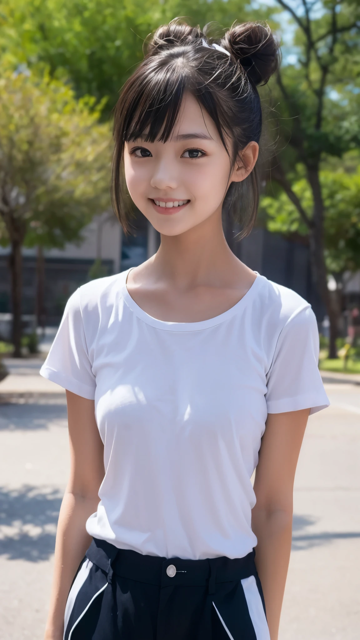 ( best quality :1.5), ( Genuine:1.4), ( Ultra Fine:1.4), ( Uncensored:1.4), (1mom), (-yeld beiful girl), (Alone), (Round baby facenchy), ( skinny body), (Beautiful breasts, Breast bag), ( plain t-shirt ), ( Open front pants ), (Twin Bang ), (Average height), ( STRAIGHT BANG ), ( mischievous smile), ( standing), ( skinny 美少女 with Twin Bang is standing), ( cowboy shooting), ( skinny), (Nice background), (Front of face), (body front view ), ( facing the front ), ( slender body line ), ( skinny body), ( skinny arms), ( skinny legs), ( I'm wearing a nice t-shirt and pants ), (Lots of bun hair )