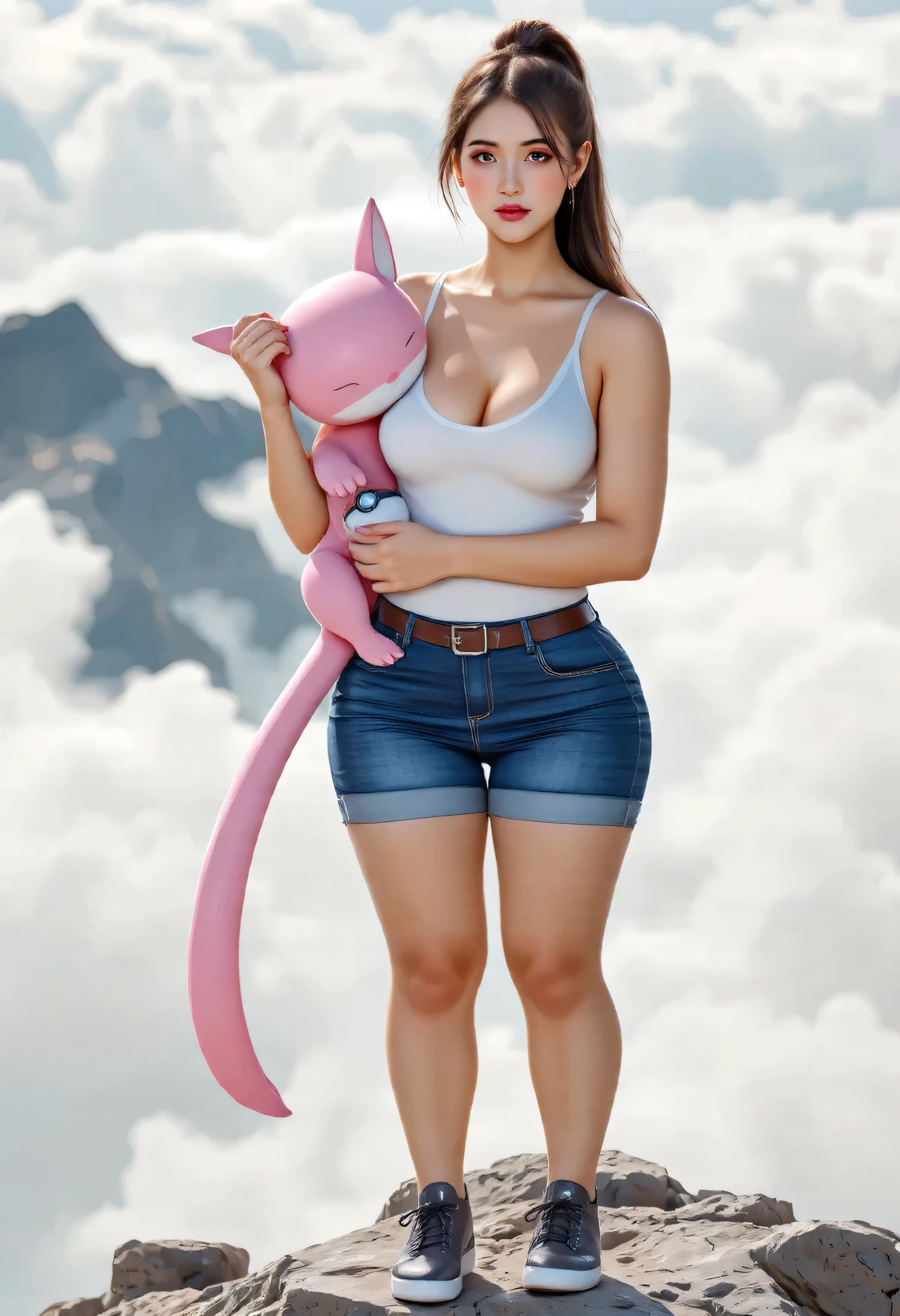 (Photorealism flux:1.2) 1 plump muscle proportional upper body woman casual outfit wearing shoes standing hugging pokemon partner pink mew on the top montain, back ground is cloud , happy vibes beauty smile and pointing pokeball for the viewers, high resolution, best quality , extreme sharp and hyper detail. 8k, ultra hD . Hyper realistic ,, raw style masterpiece.