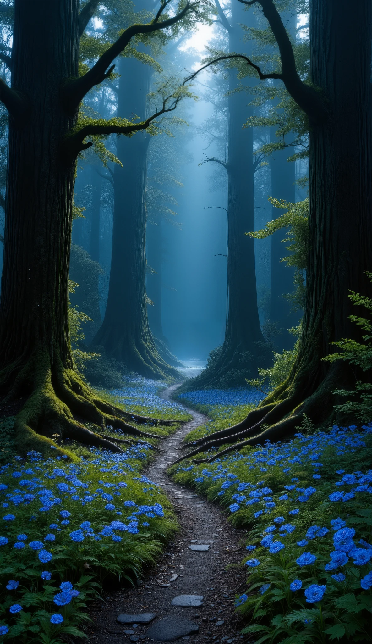 an enchanted night fantasy forest ultra realistic fantasy art cinematic giant green trees, a few blue flowers in the middle a path, ultra detailed ultra realistic