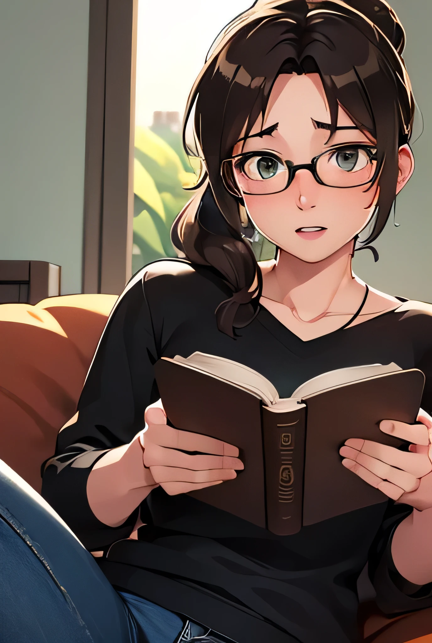 a nerdy girl,1girl,mature,woman, adult,older, about 40 years old,resembles Cass Hamada,glasses,braces,messy brown hair,high ponytail,cute freckles,oversized sweater,skinny jeans,converse sneakers,holding a book,reading a book,geeky,cute nerd,very nerdy,extremely nerdy,extremely detailed,ultra-detailed,best quality,8k,highres,masterpiece:1.0,realistic,photorealistic,photo-realistic:1.37
