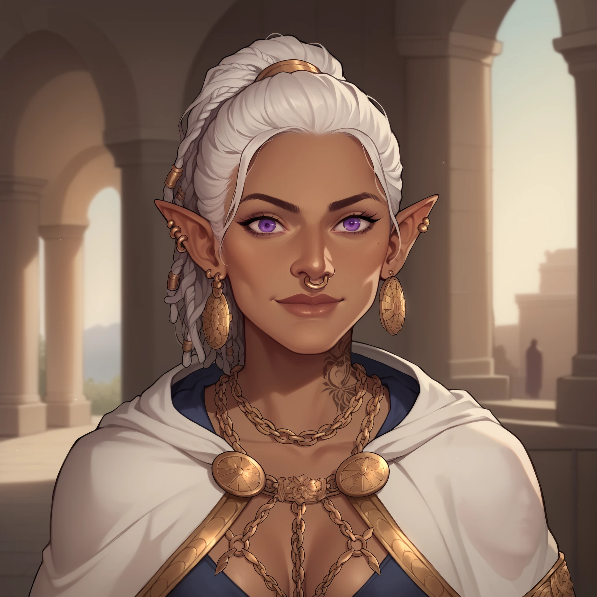 (((beautiful, high quality, comics style, detailed face))), score_9, score_8_up, score_7_up, BREAK, bust shoot view, solo, 1woman, slender, elf, brown skin, yakuza arm tattoos, white robes, ancient greek robes, arms crossed, gold chain harness, cape, mantel, smirk, white hair, dreadlocks in a ponytail, thick dreadlocks, purple eyes, ear piercings, nose ring fantasy outside, blurred background, DeepNegative_xl_v1, detailxl, zPDXL2