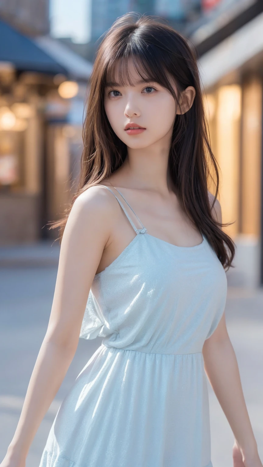 ((Best quality, 8k, masterpiece:1.3)),1girl,18 years old,Asian,Real texture:1.3,(Background blur:1.3),Dress,Tall and slender figure:1.2,(Hot summer weather),Highly detailed face and skin textures,Exquisite eyes,Long eyelashes,Double eyelids,Skin Whitening,happy,Beautiful breasts