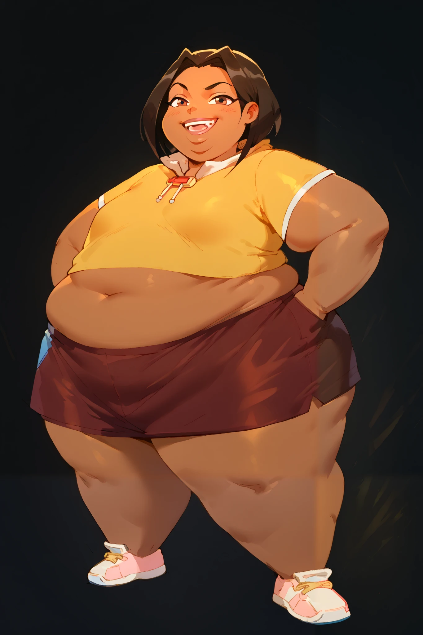 Amanda, DARK SKIN, BLACK HAIR, HAIR BUN yellow shirt shorts, Super Extra large breasts breast enlargement, full-body shot looking at the camera smiling blushing shy 一個人在家