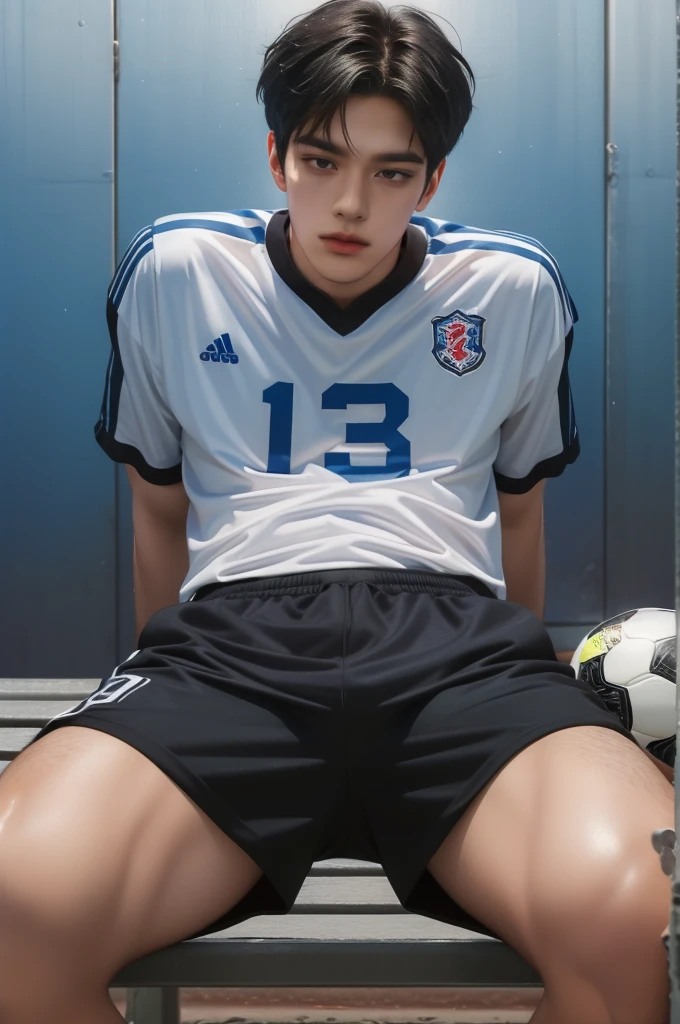 A 14-year-old boy in a soccer uniform without a shirt on a bed