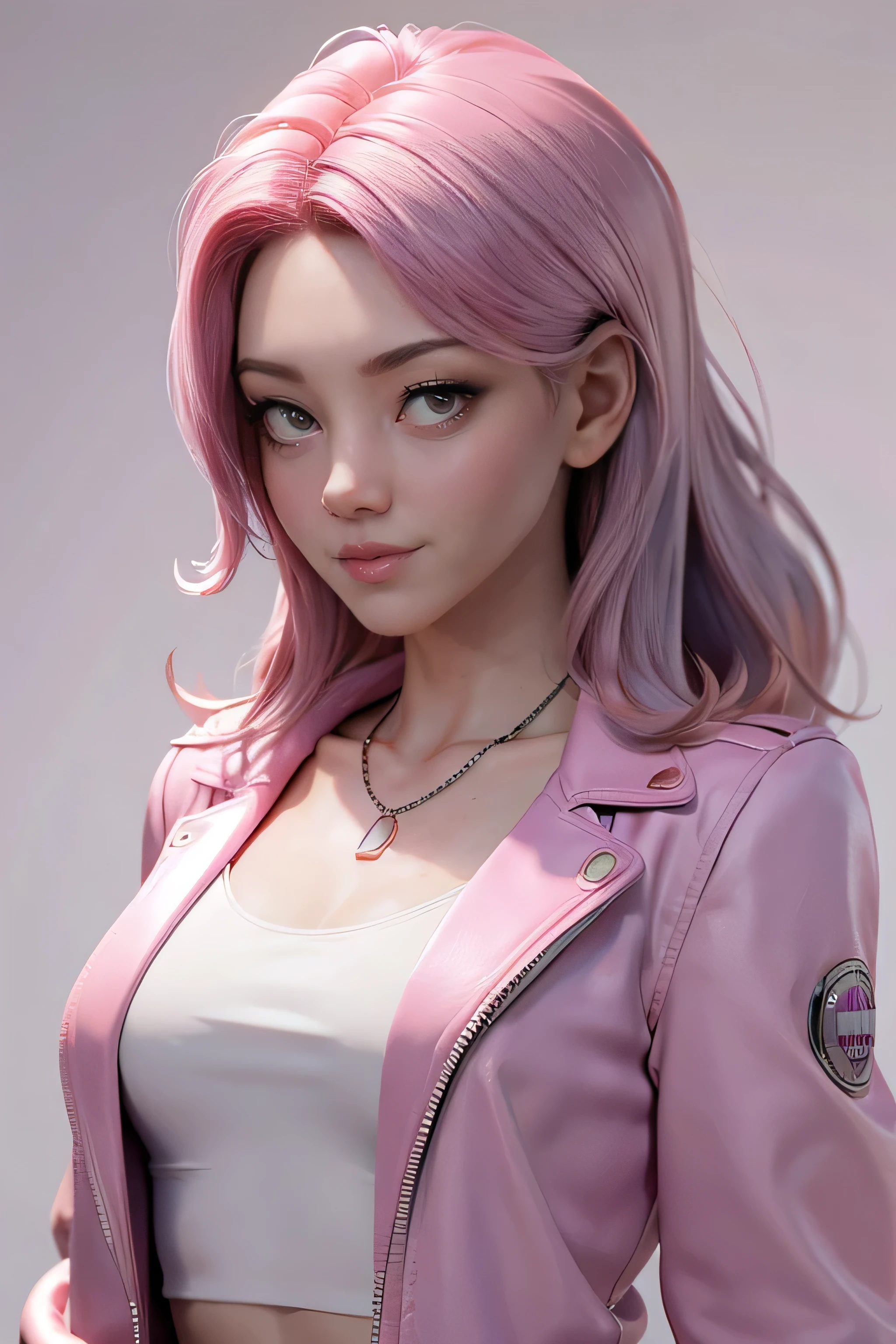 Young woman, light pink hair, violet eyes, ironic smile , short jacket, well-fitting blouse , Slim Body Coats, super model, Natural lighting, ultra resolution , plain white background , without patterns, No textures.