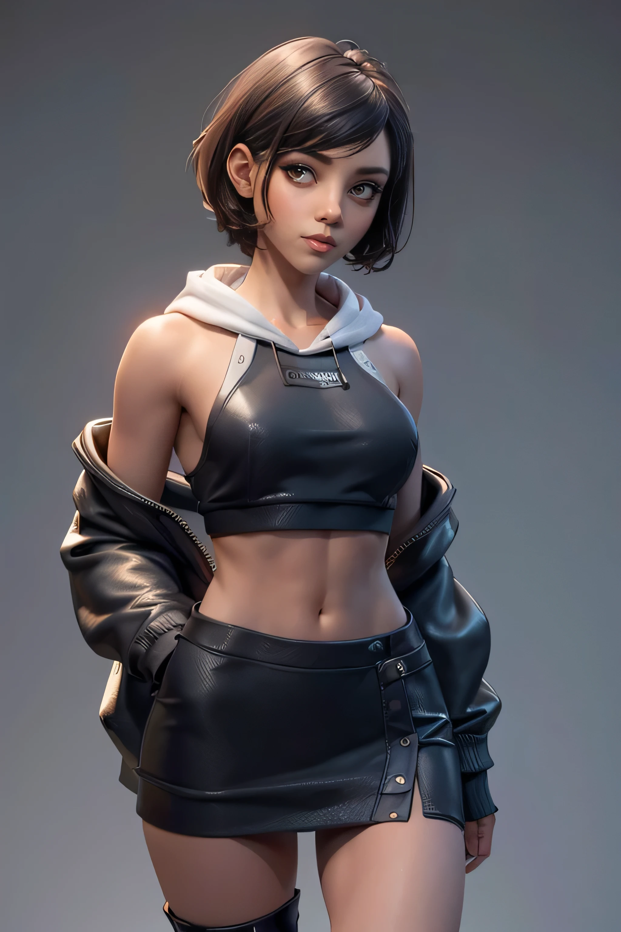Young woman, blue tube top , Black miniskirt,  brown knee-high boots, gray hoodie sweatshirt,  short hair ,  Natural lighting,  ultra resolution ,  plain white background , without patterns, No textures.